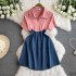 Summer new 2024 Hepburn style contrasting denim patchwork dress with feminine temperament, high waist and age reducing A-line short skirt