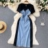 Advanced and cool style, contrasting denim patchwork dress, summer women's clothing, unique and beautiful, waist cinching, mid length skirt, trendy