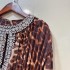 Vietnamese loose leopard print lazy retro long sleeved lace up heavy collar diamond studded dress A3 # 8968