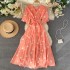 Spring and summer female French niche love pattern V-neck short sleeved waist goddess temperament knee high swing long skirt dress