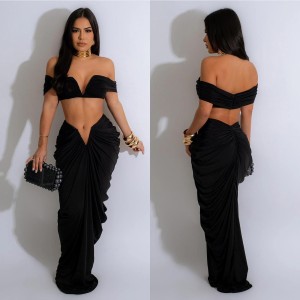 C6822 Cross border AliExpress Amazon Europe and America Fashion Women's Wear Solid Color Sexy strapless pleated skirt two-piece set