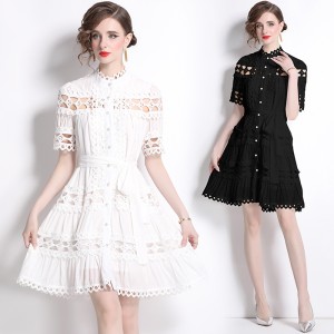 Real time spot spring clothing new palace style standing collar hollowed out single breasted short sleeved dress