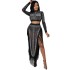 X5372 AliExpress Amazon Europe and America Sexy Nightclub Hot Diamond Mesh Perspective Long Sleeve Split Long Dress Two Piece Set