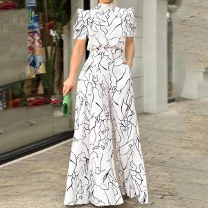 2024 autumn independent station cross-border European and American women's loose, fashionable, elegant short sleeved hanging neck artistic printed jumpsuit