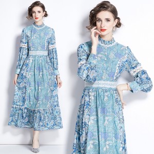 Real time shooting of autumn clothing, new high-end lace printed hollow out long dress with large swing in stock