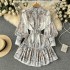 Spring and Autumn Period Fake Palace Style Medium length Stand up Collar Single breasted Lantern Sleeve Waist French pleated Printed Dress