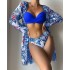 2023 European and American new three piece swimsuit multi-color printed cover up, sun protection suit triangle gathering foreign trade swimsuit for women