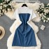 Korean style outfit design sense fake two short sleeved contrasting splicing denim camisole skirt zipper slim fit short dress