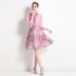 Real time spot new socialite temperament chiffon printed waist cinched lantern sleeve dress