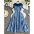 Color blocking hollow out waist exposed sleeveless denim dress for women in summer, with a slimming waist and a cool split denim long skirt