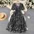 Summer vacation style retro niche design printed dress with women's waist cinched and wide swing A-line fairy long skirt