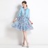 Real time spot new socialite temperament chiffon printed waist cinched lantern sleeve dress