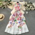 French high-end style socialite style vacation dress with a stylish design, printed slim fit long sleeveless shirt dress