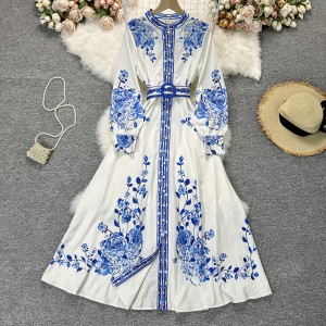 Spring new palace style blue and white porcelain printed stand up collar single breasted dress with elegant temperament and large swing long skirt