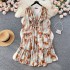 French dress women's 2023 new elastic waistband tie dye ruffled lantern sleeves floral chiffon holiday skirt