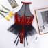 Ins European and American sexy PU patent leather mesh splicing hanging neck underwear mesh canopy skirt garter belt detachable jumpsuit