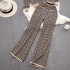 Fashion suit women's round neck jacquard knitted cardigan jacket vest three piece set high waist slimming straight leg wide leg pants