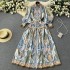 High end retro palace style heavy industry printed dress for women in spring and autumn, new French style waist cinching long skirt