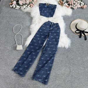 Fashion suit women's American retro temperament strapless denim vest two-piece set casual high waist slimming straight leg pants