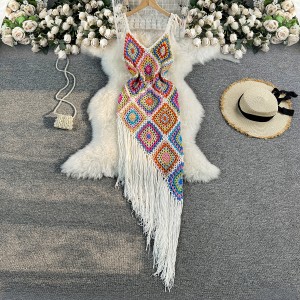 Bohemian ethnic style fake dress for women, niche design sense, irregular hollow hook flower tassel suspender dress