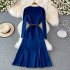 Square collar denim dress for spring 2023, new style of socialite temperament, goddess style, waist cinching, slimming, big swing, long skirt