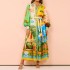 2024 autumn independent station foreign trade wish women's clothing temperament printed lantern sleeves belt shirt medium long dress