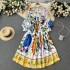 New Queen's Style Fake Niche Style Lantern Long Sleeve Strap Graffiti Printed Stand up Collar Long Dress for Women