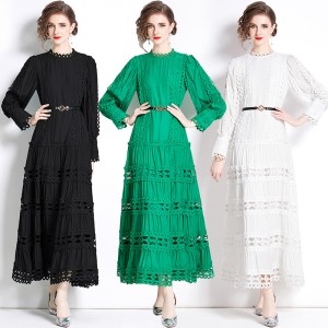 Real shot elegant dress dress with round neck lantern sleeves and long lace hollow out dress in stock