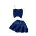 American style spicy girl denim suit pure desire style chain sling strapless denim top+high waisted A-line ruffled skirt