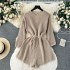 Korean chic fashionable knitted jumpsuit for women in autumn and winter, with a design sense of hollow out round neck and waist cinched sweater shorts