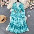 French dress women's 2023 new elastic waistband tie dye ruffled lantern sleeves floral chiffon holiday skirt