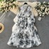 2024 early spring new French style bow collar, waist cinching and slimming mid length retro printed dress with temperament