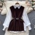 Light luxury socialite set women's loose long sleeved white shirt top+split knit vest vest vest two-piece set 0.4kg