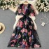 Summer V-neck printed chiffon dress for women with a cinched waist and slimming temperament, ruffled short sleeved cinched waist, first love fairy dress