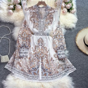 Palace style small dress for socialites, high-end formal dress, short stature, retro printed breasted temperament, women's dress