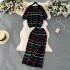 Korean Chic Retro Stripe Contrast Set Women's Loose Round Neck Short Sleeve Knitted Top High Waist Bag Hip Skirt