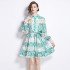 Real time spot spring clothing new palace style standing collar hollowed out printed single breasted dress