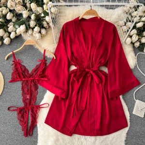 Pure Desire Style Pajama Set Women's Lace Strap High Fork jumpsuit+Long Bat Sleeve cardigan shawl two-piece set