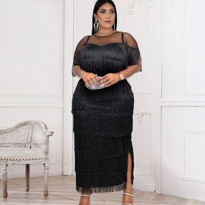 Multi layer tassel high waisted black S-4XL plus size women's dress party dresses