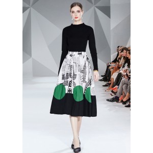 Real time spot black knitted sweater+fashionable patchwork patch half skirt two-piece set