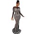 C6198 AliExpress Amazon European and American Fashion Women's Solid Color Mesh Perspective Hot Diamond Long Sleeve Long Skirt Dress