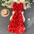 Spring and summer female French niche love pattern V-neck short sleeved waist goddess temperament knee high swing long skirt dress