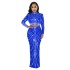 C6028 Cross border AliExpress Amazon Europe and America Fashion Women's Wear Mesh Hot Diamond Perspective Long Sleeve Long Skirt Two Piece Set