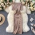 2020 popular women's clothing new Korean version simple solid color breasted slim fit short sleeved knitted slit hip hugging dress