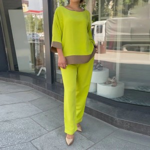 2023 new European and American cross-border women's loose oversized casual round neck top, shirt, straight leg pants set in stock