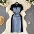 2023 Internet celebrity new niche round neck short sleeved patchwork denim dress for women with a high-end feel, waist cinching fake two-piece long dress