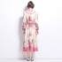 Real time spot new retro temperament gold wire splicing elegant V-neck waist slimming print large swing dress