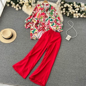 European and American Ins style printed shirt wide leg pants two-piece set 2022 autumn new high-end commuting professional suit