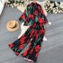 Spring and Autumn European and American style printed set, women's lantern sleeve half high collar loose shirt+wide leg pleated pants two-piece set