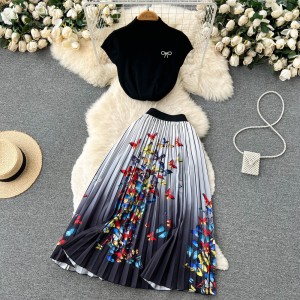 High end temperament socialite set, women's high waisted pleated butterfly print skirt, stand collar knitted top two-piece set